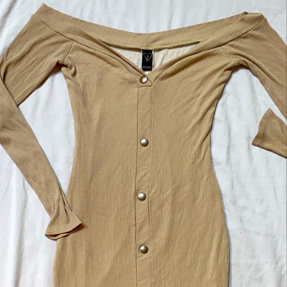 Off the shoulder tan fitted long sleeve dress